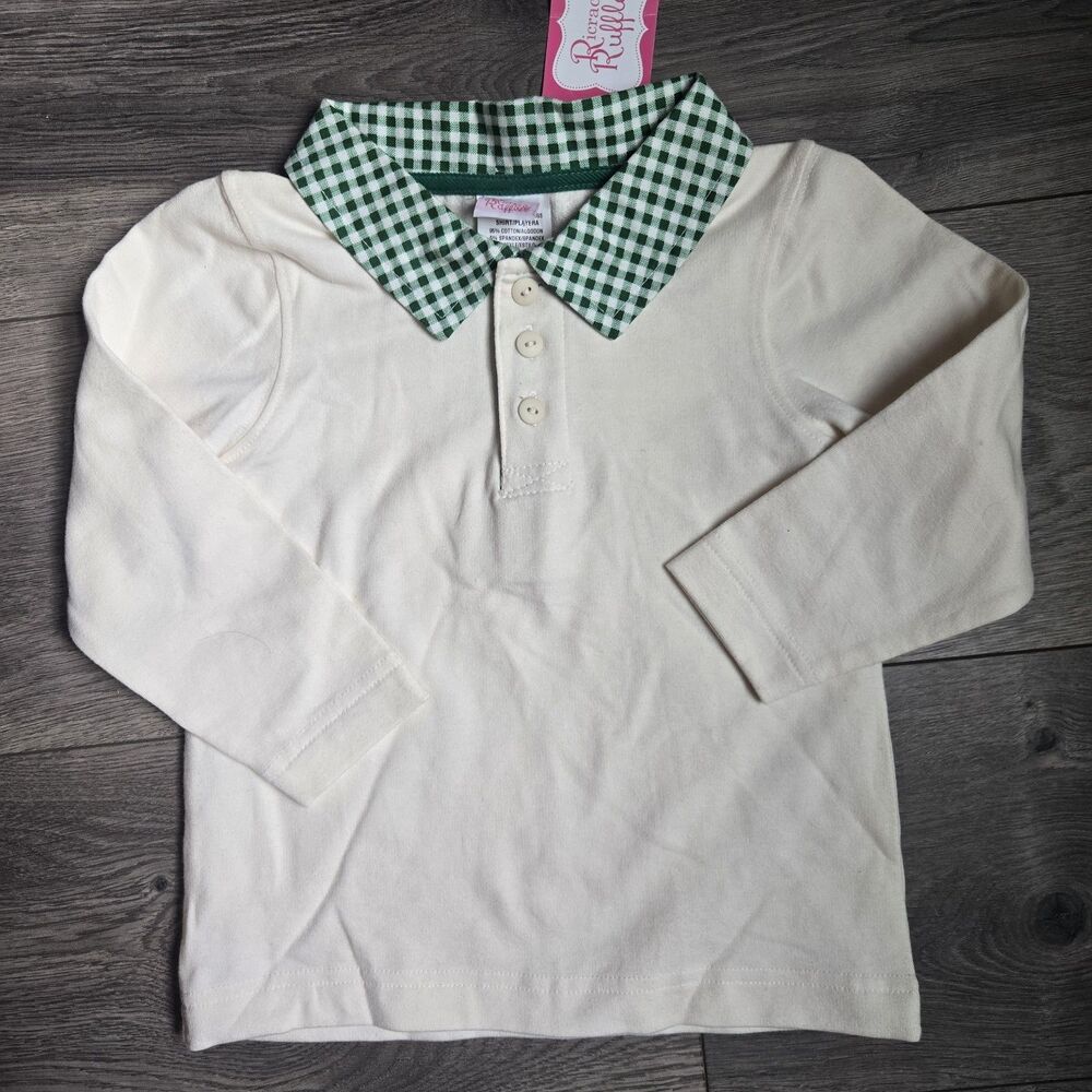 Ricrac & Ruffles Toddler 3T Cream Long Sleeve Top Green Gingham Trim NWT
